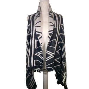 San Lorenzo Fringe Boho Tribal Knit Grey Wool Blend Cardigan Sweater Vest